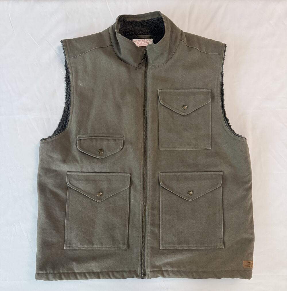 Filson Canvas Vest Mens XL Green Berber Lining Sherpa Fleece Hunting Outdoor
